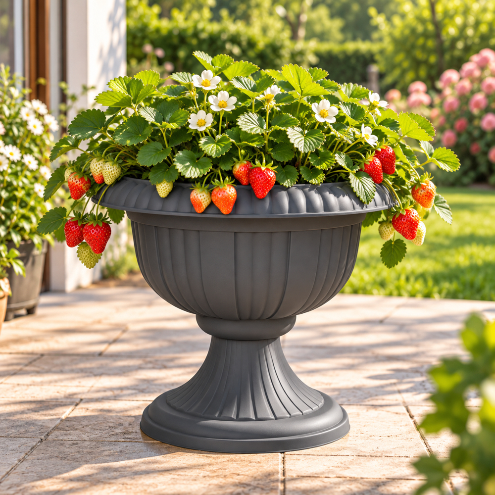 Dekorative Blumenspindel in Anthrazit, 40 cm Durchmesser, bepflanzt mit blühenden Erdbeerpflanzen und reifen roten Erdbeeren auf einer sonnigen Gartenterrasse.