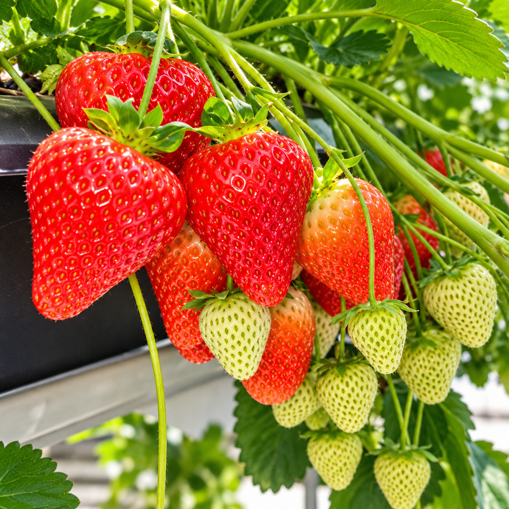 Hellrote reife und unreife Erdbeeren der Sorte Aylin an der Pflanze mit grünen Blättern
