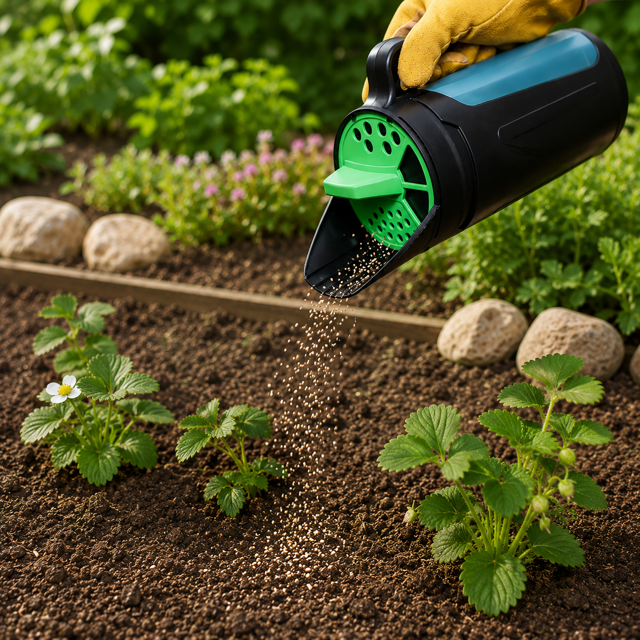Streukanne beim Düngen von Erdbeerpflanzen im Garten