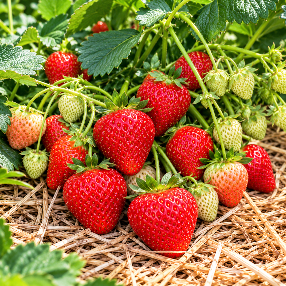 Reife rote Erdbeeren der Sorte Jenkka mit grünen Blättern und weiteren Früchten im Erdbeerbeet