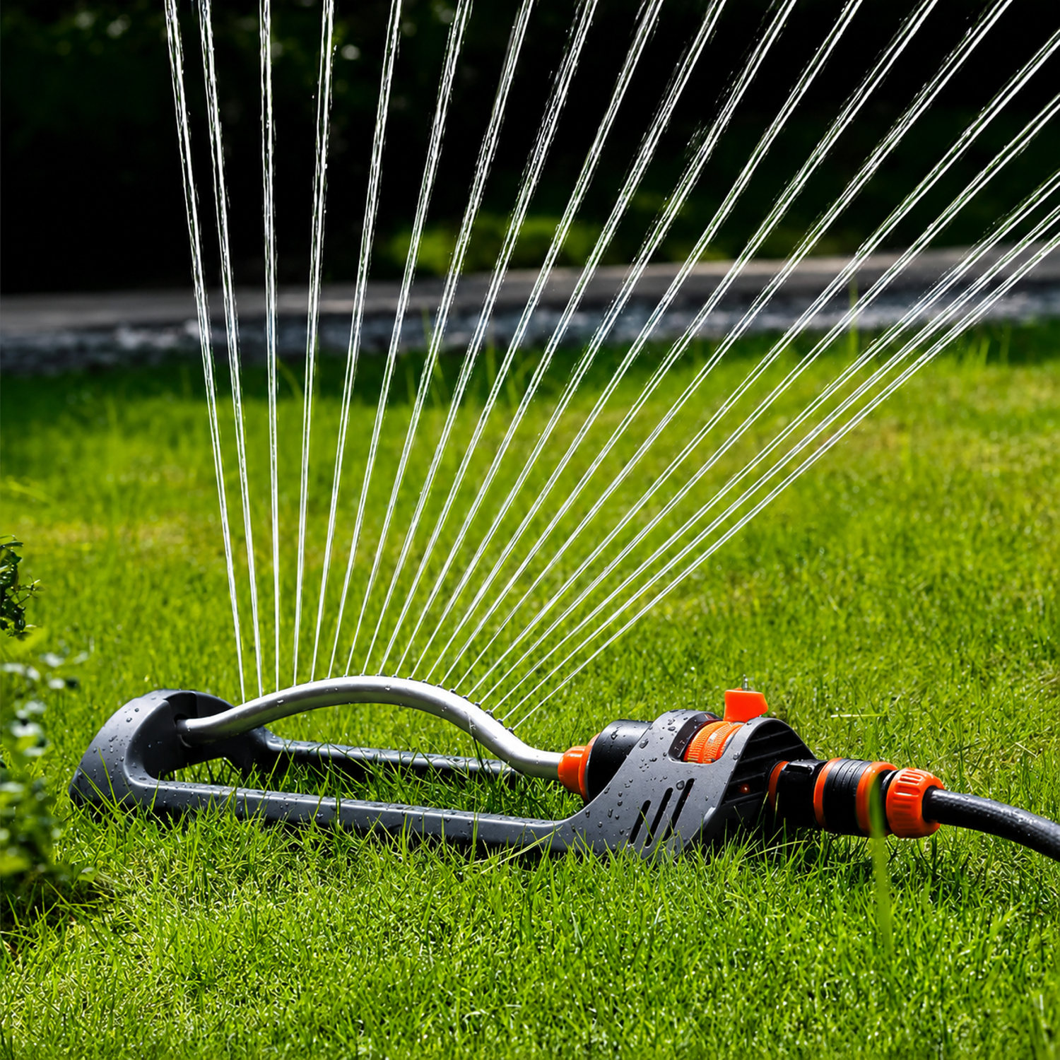 Schwenkregner bewässert gleichmäßig große Rasenflächen im Garten