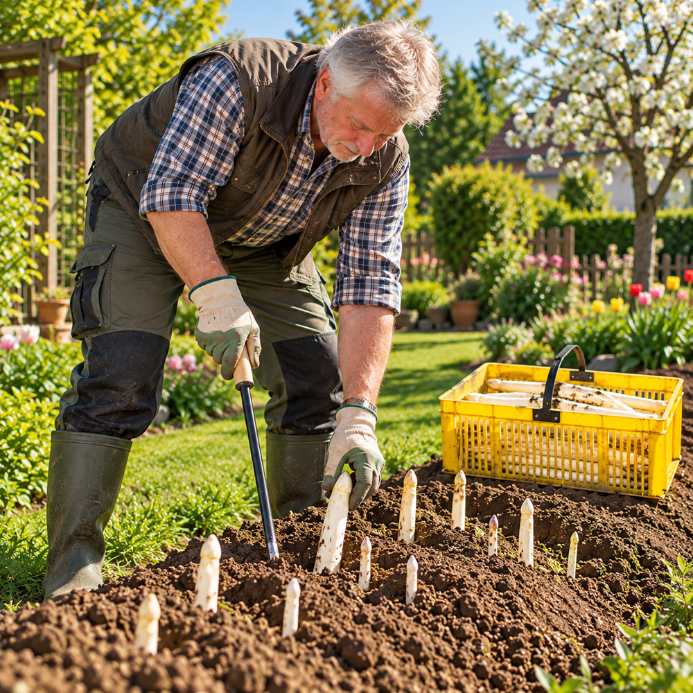 Hobbygärtner erntet weißen Spargel im Hausgarten mit einem Spargelstechmesser. Daneben steht ein gelber Spargelerntekorb mit frisch geernteten Spargelstangen.