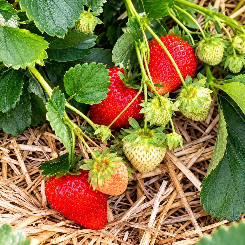 Große glänzend rote Erdbeeren der Sorte Zappa an grünen Erdbeerpflanzen auf Stroh