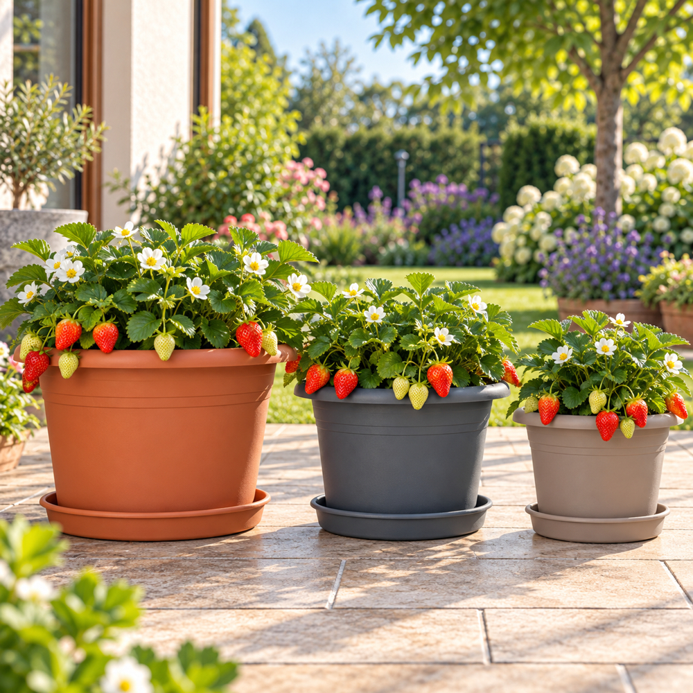 einfacher Blumentopf Erdbeeren Erdbeerpflanzen