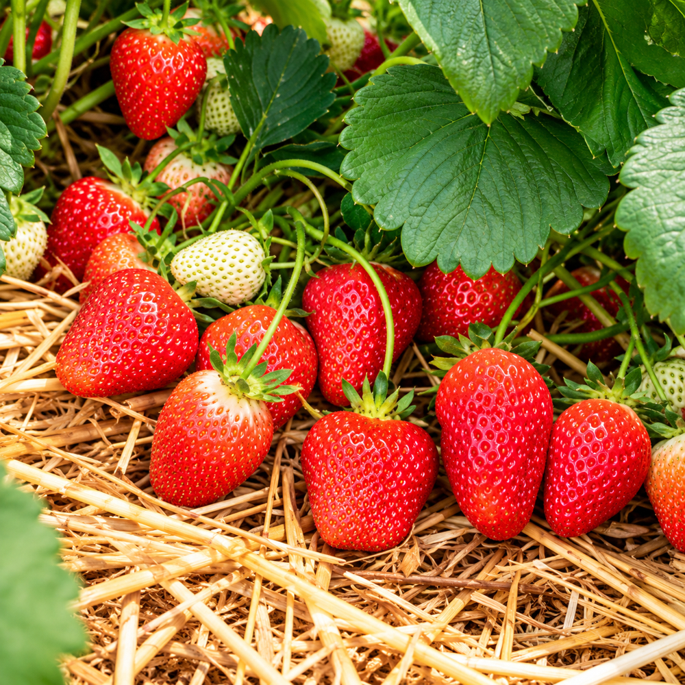 Hellrote reife Erdbeeren der Sorte Rosaria an kräftigen Pflanzen auf einem mit Stroh bedeckten Beet