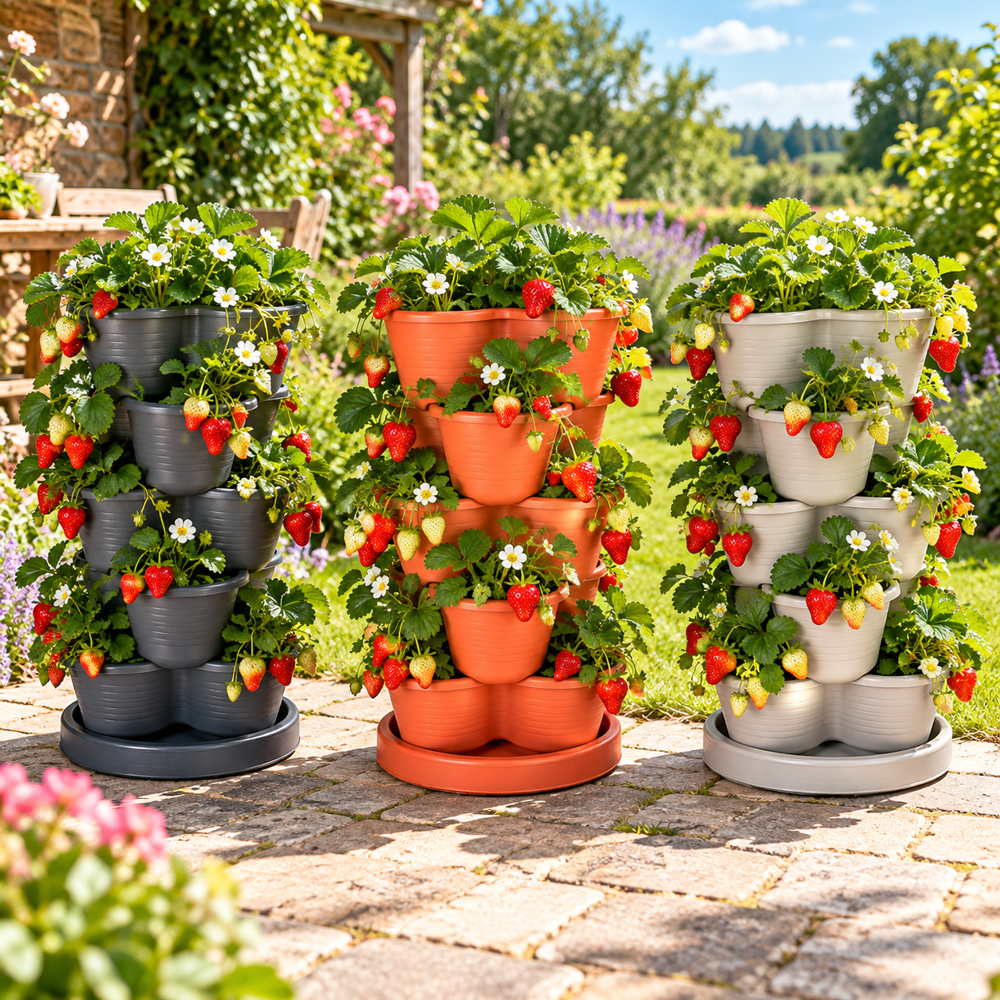 Drei Erdbeertürme in Anthrazit, Terracotta und Betongrau, üppig bepflanzt mit Erdbeerpflanzen, weißen Blüten und reifen roten Erdbeeren auf einer sonnigen Gartenterrasse.