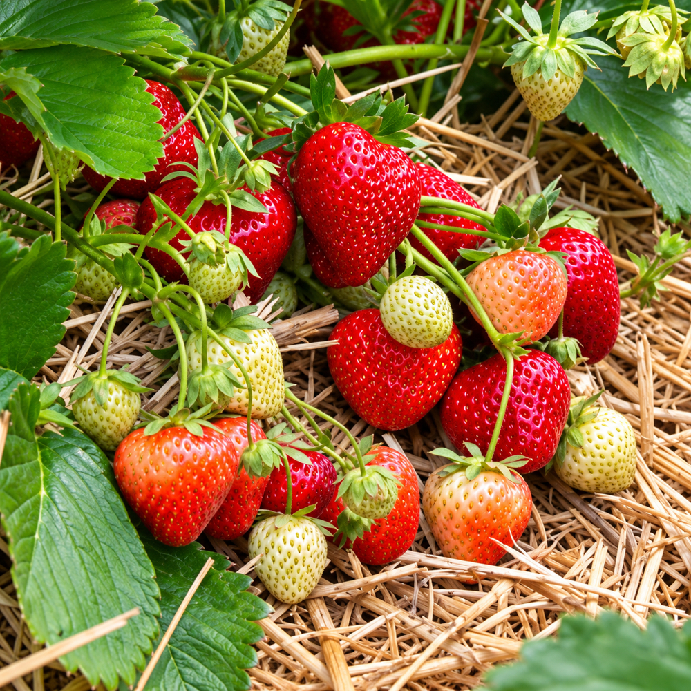 Reife rote Erdbeeren der Sorte Ravellia an der Pflanze zwischen grünen Blättern und Stroh